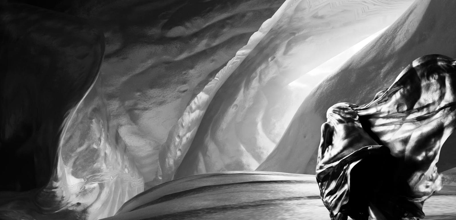 Detail from the art installation Inferno showing a figure wrapped in a billowing fabric standing before an undulating cave-like structure