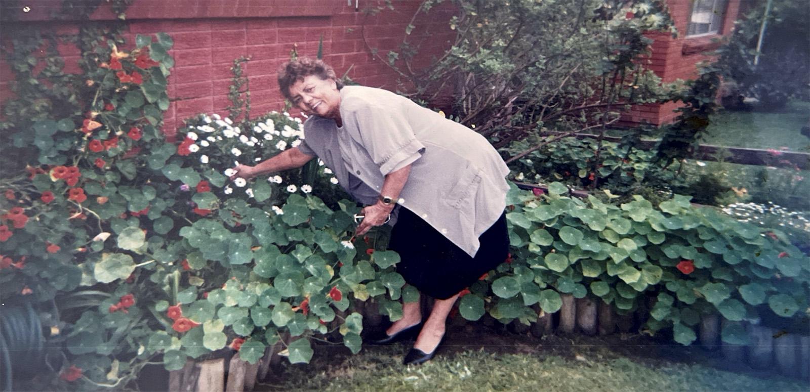 Aunty Pansy Hickey in her Garden at Cawarra Womens Refuge