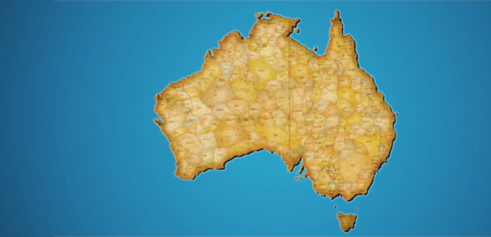 A map of Australia showing Indigenous language groups, set against a bright blue backdrop A map of Australia showing Indigenous language groups, set against a bright blue backdrop