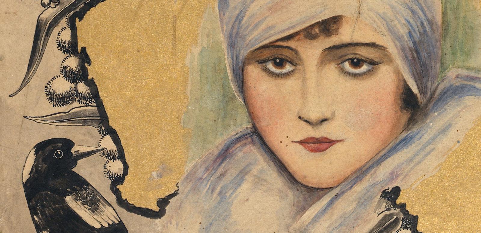 Close up of a hand painted image of actress Marie Lorraine, aka Isabel McDonagh.