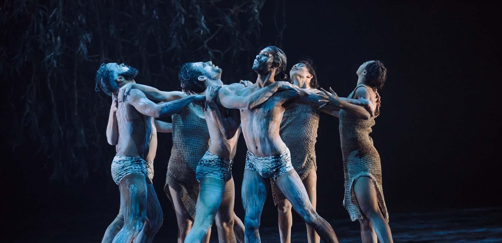 Six dancers from Bangarra Dance Theatre on stage