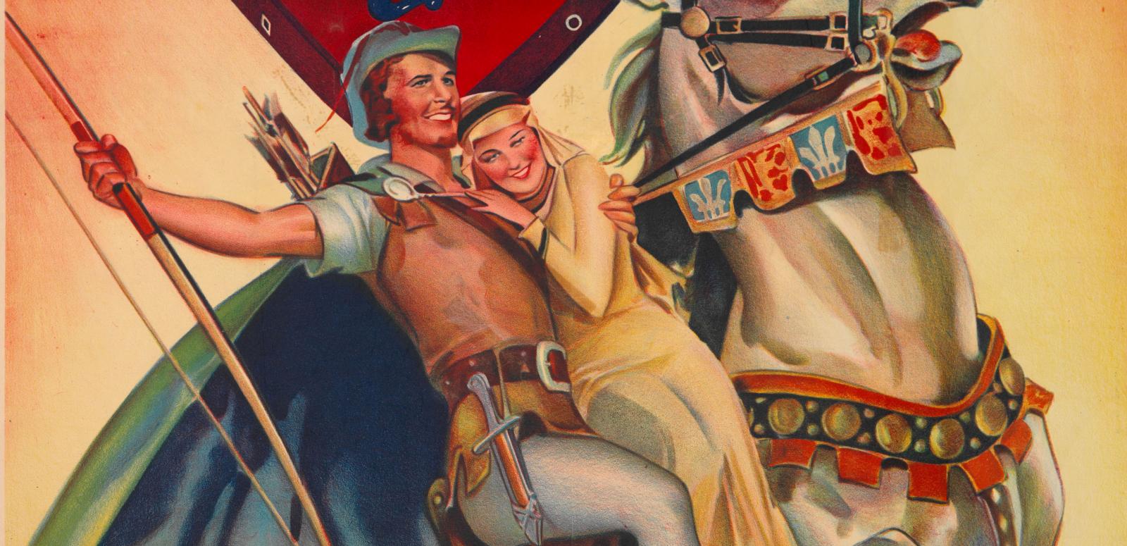The Adventures of Robin Hood_poster_1600x775 Close up of the poster for The Adventures of Robin Hood showing an illustration of Errol Flynn and Olivia de Havilland on a horse.