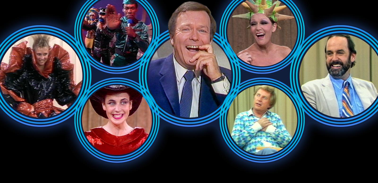 Seven blue rings sit on a black background. There are people in each ring. Clockwise from left a model wearing an 80s dress, The Village People strike a pose, Mike Walsh, Jeanne Little, John Cleese, John Michael Howson and a woman with a hair hat.