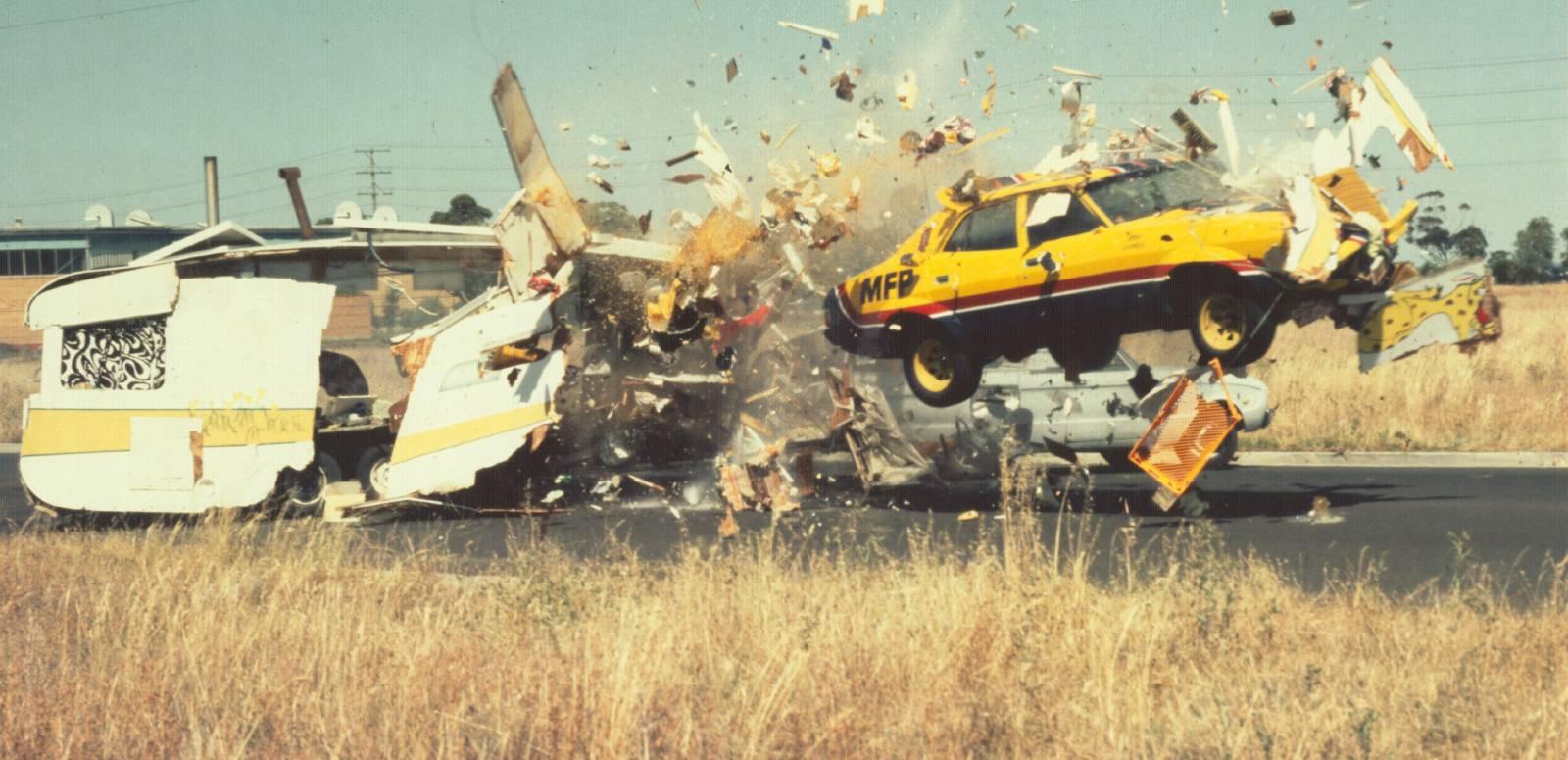 A car smashes through a caravan in a stunt from Mad Max