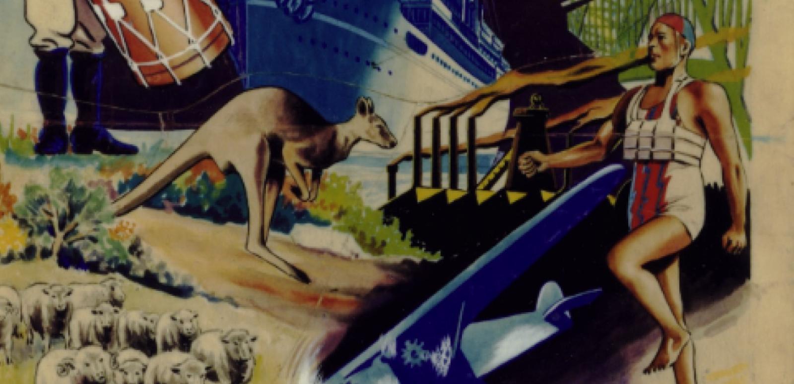 Section of a film poster from 1938 which shows a drawing of a kangaroo, some sheep and a man in a surf-lifesaving outfit.