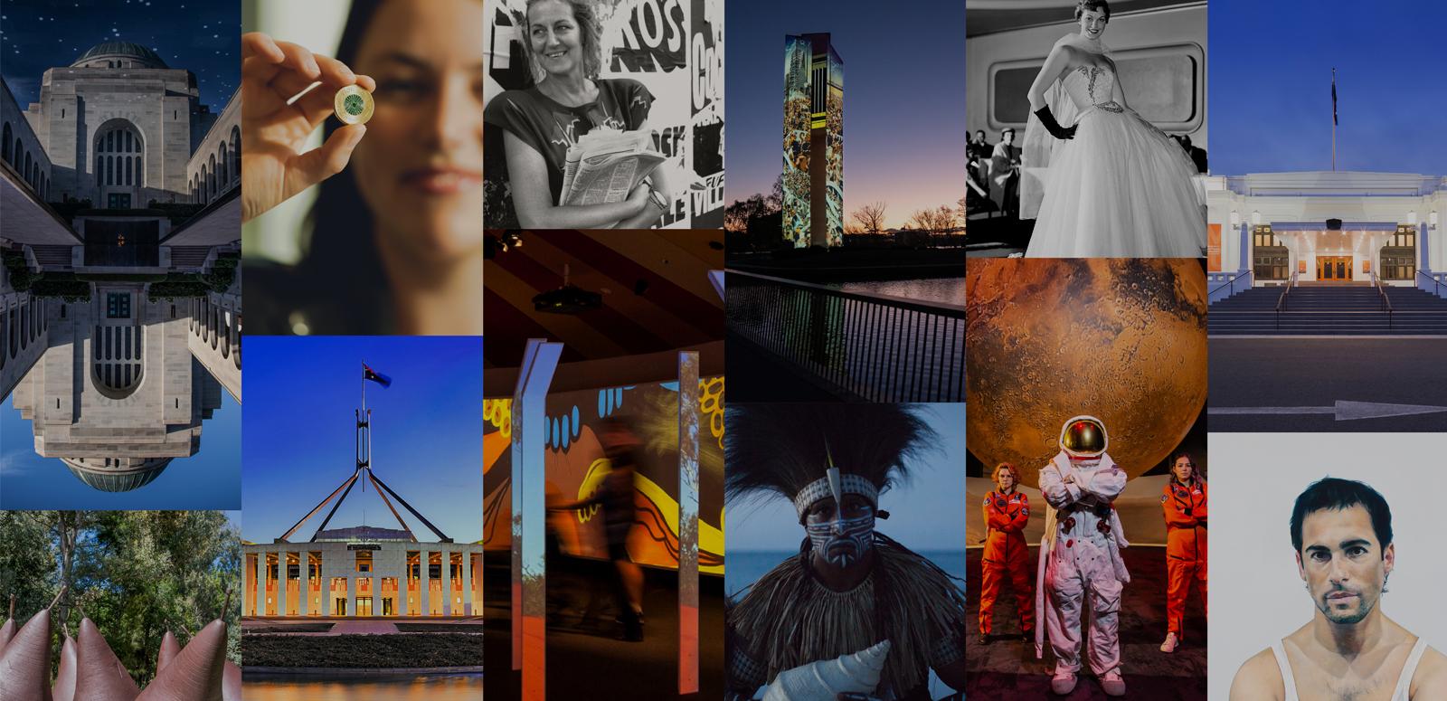 A collage showing Canberra cultural institutions and some of the artworks and artefacts they contain