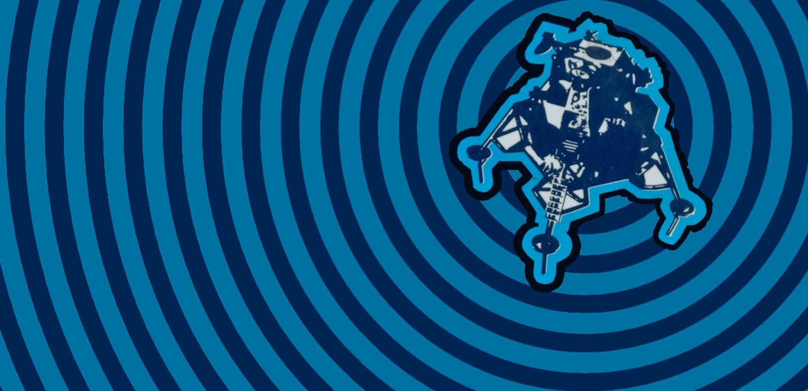 Drawing of a space shuttle overlaid on blue concentric circles.