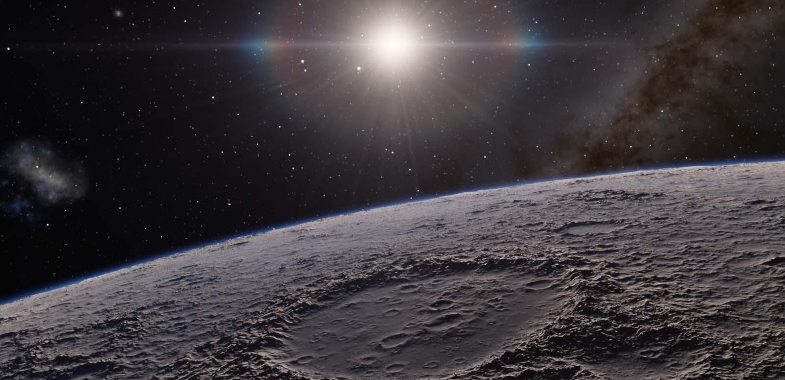 The surface of the Moon with the Sun visible in the background The surface of the Moon with the Sun visible in the background