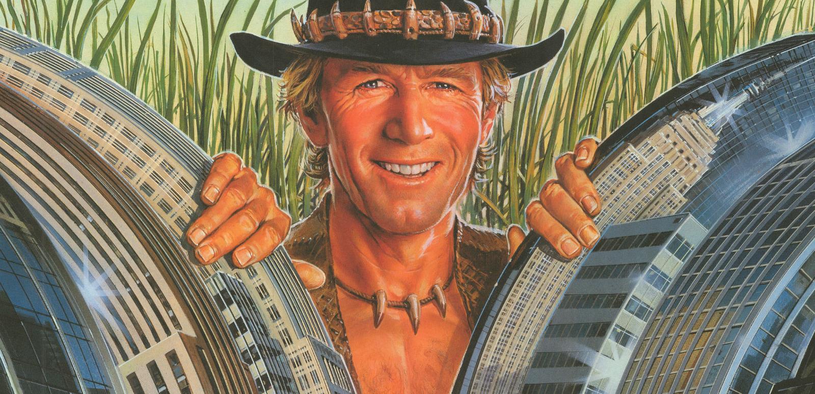 Crocodile Dundee part 2 hero image Cropped section of poster from Crocodile Dundee showing Paul Hogan smiling