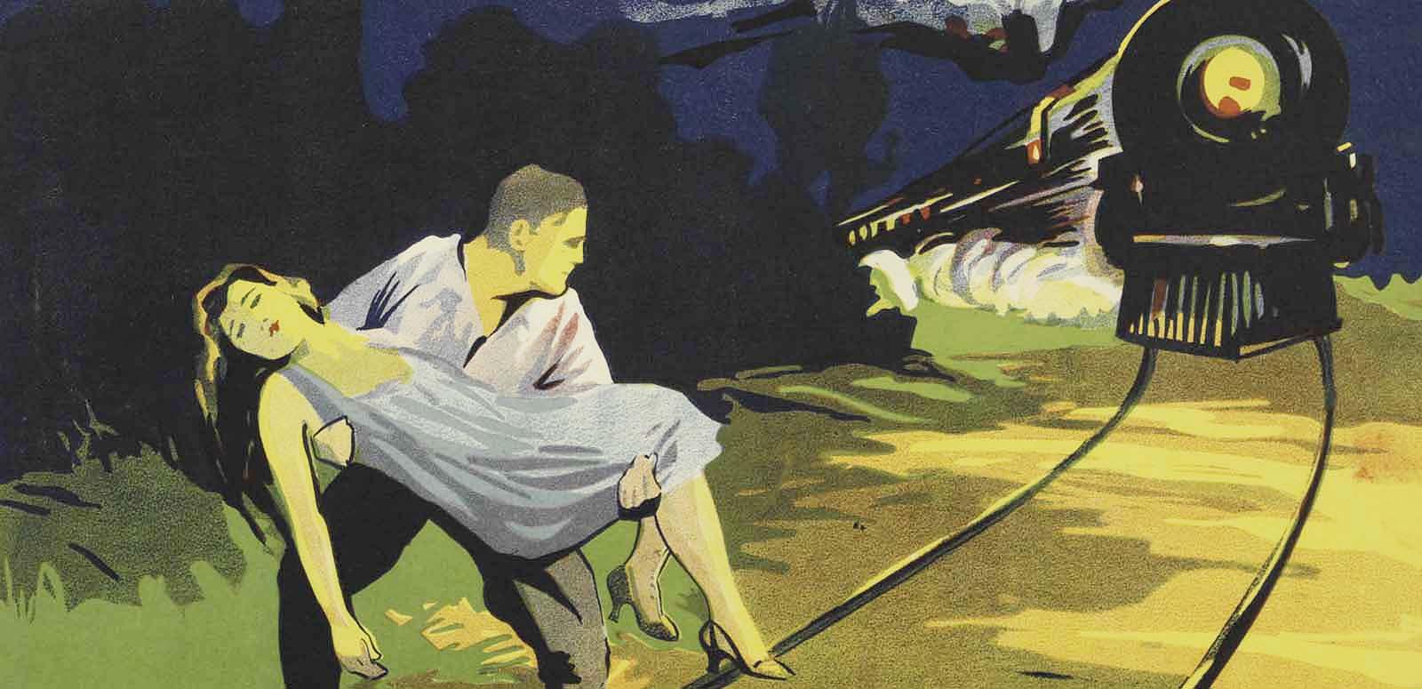 Detail from a 1928 film poster showing a man carrying an unconscious woman across railway tracks in the path of an oncoming train Detail from a 1928 film poster showing a man carrying an unconscious woman across railway tracks in the path of an oncoming train
