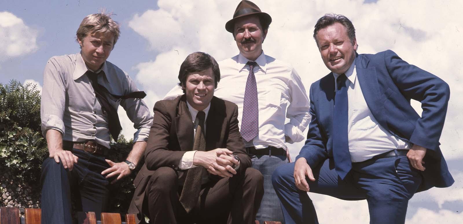 A posed publicity still of the cast members of the final season of the TV show Homicide, in 1974: Dennis Grosvenor, Gary Day, Don Barker and Charles Tingwell