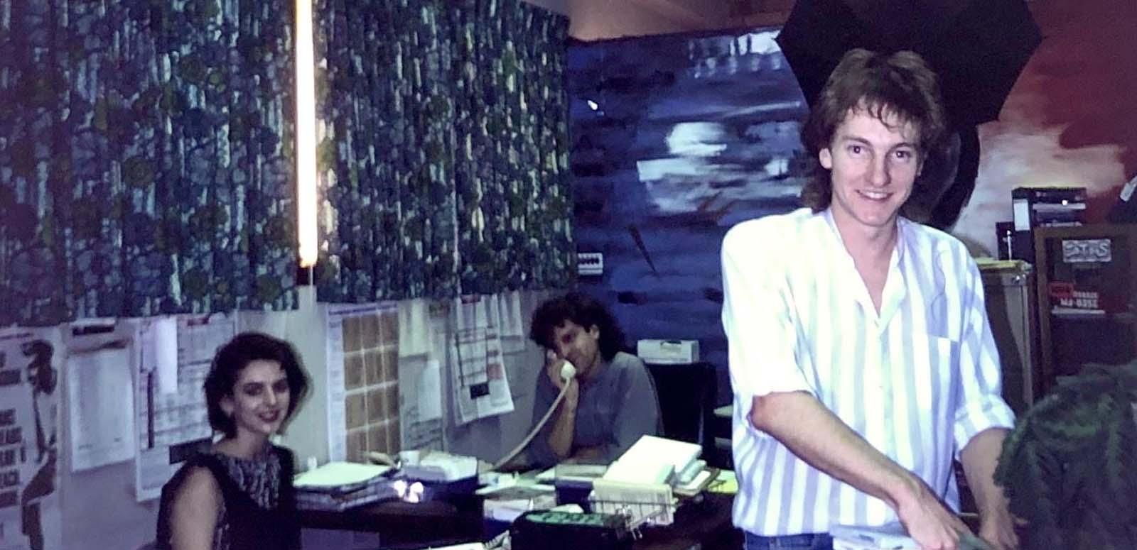 Richard Kingsmill in the office at radio station 2SER in the 1980s