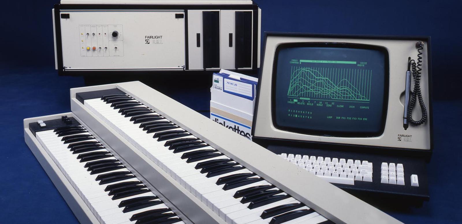 The Fairlight sampling synthesizer showing keyboard and user display monitor.