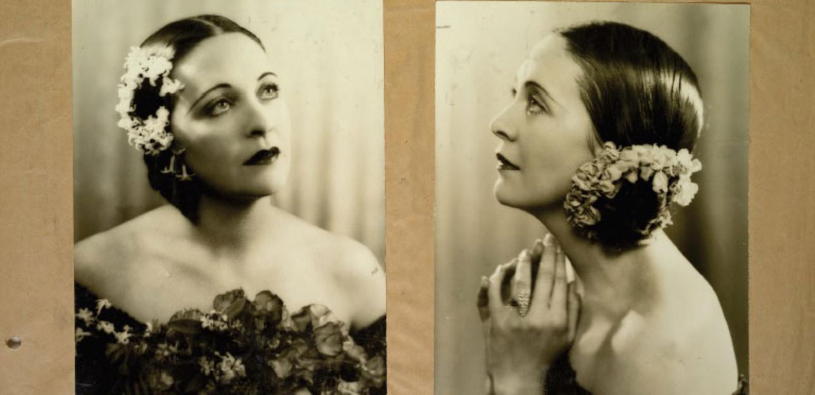Page from a Cinesound casting book Double sepia head and shoulders portrait of a woman with flowers in her hair