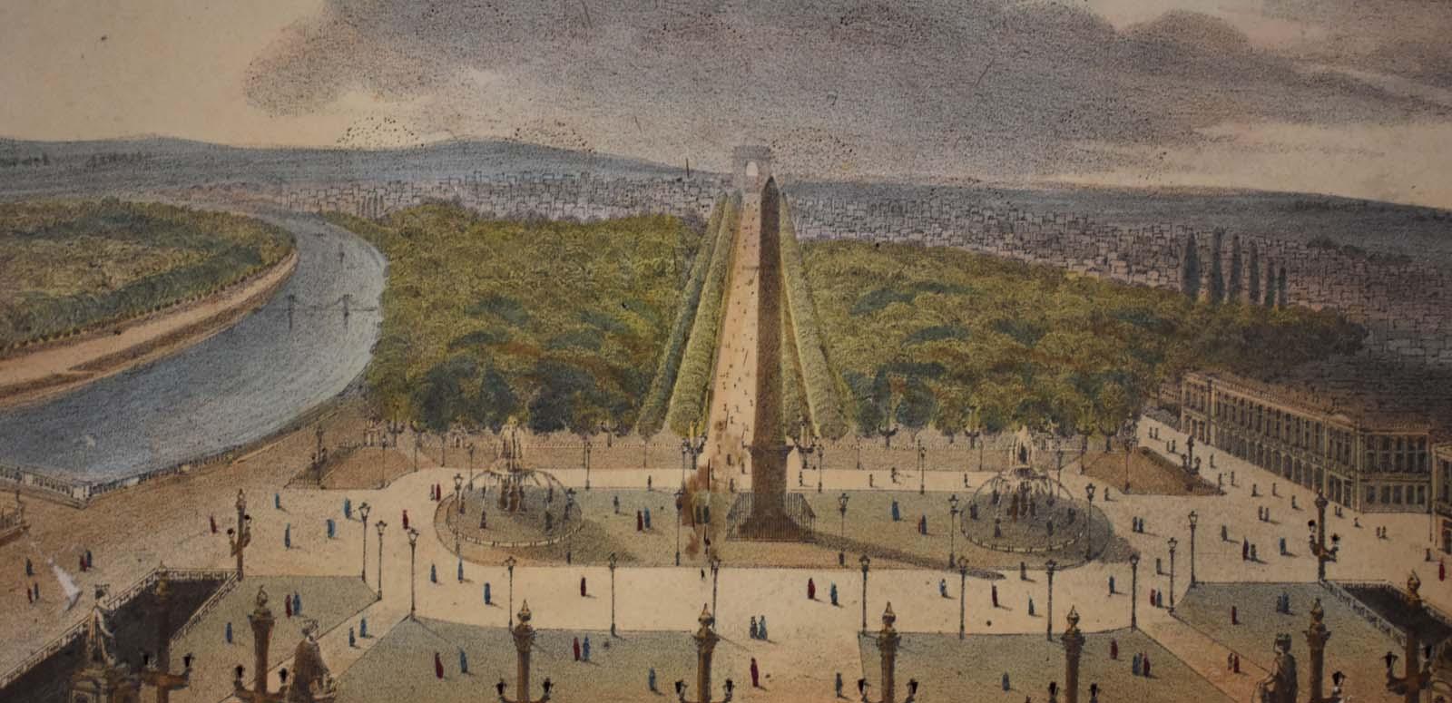 Hand-coloured lithographic slide of La Place de la Concorde in Paris Hand-coloured lithographic slide of La Place de la Concorde in Paris