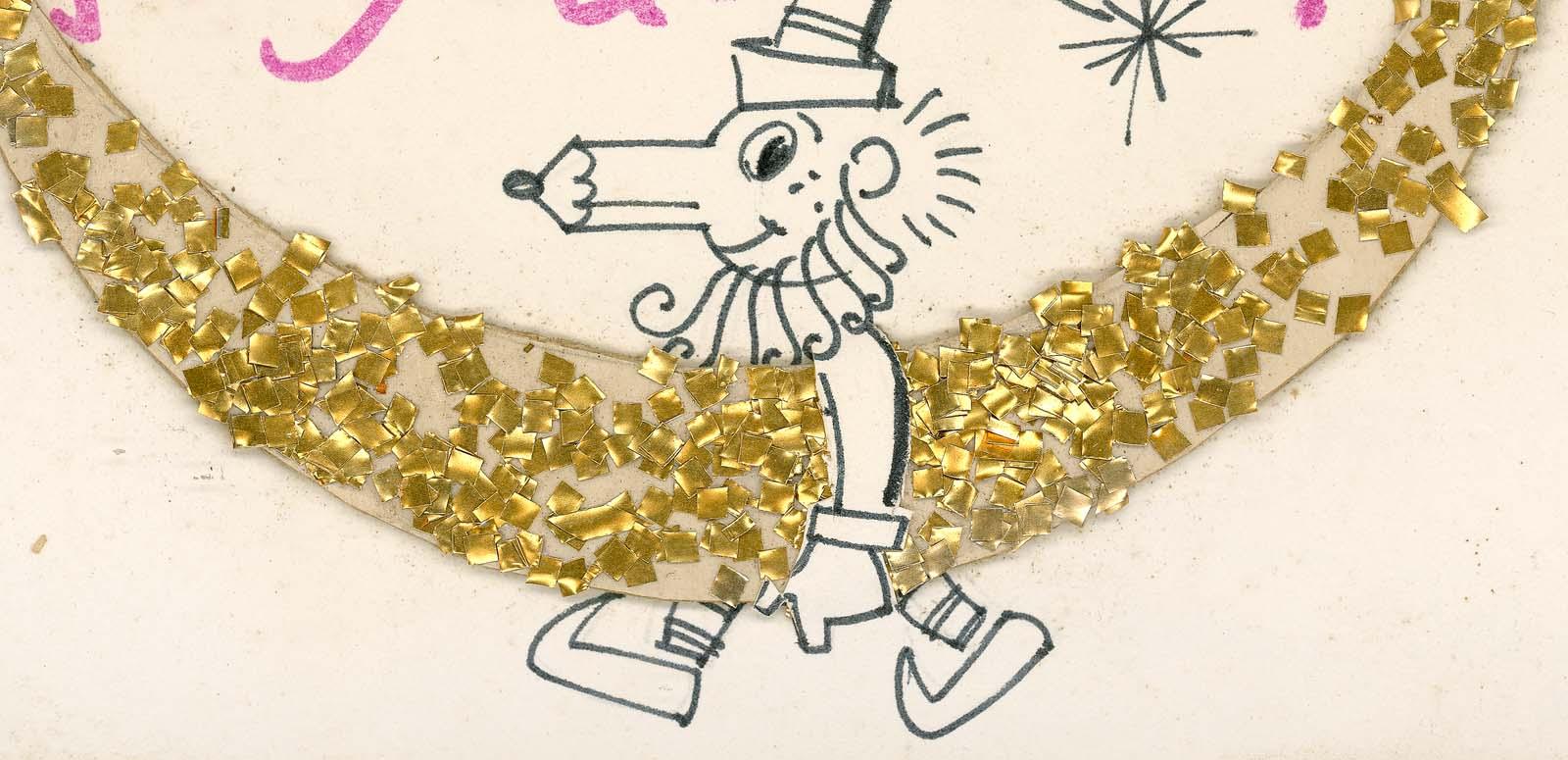Detail from a hand-drawn Christmas card showing Mr Squiggle carrying a golden glittery moon Detail from a hand-drawn Christmas card showing Mr Squiggle carrying a golden glittery moon