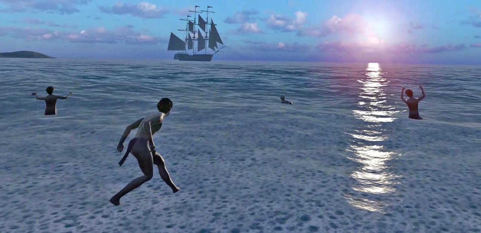 Still frame from Virtual Whadjuk Still frame from virtual reality production Whadjuk showing Aboriginal men in the water and a ship on the horizon