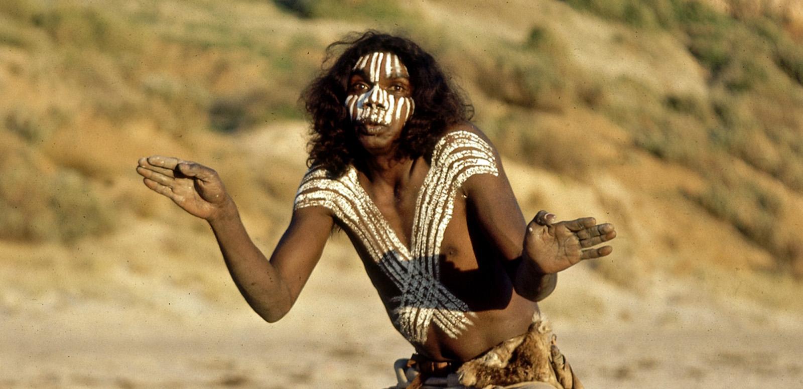 David Gulpilil dancing in Storm Boy collection cover David Gulpilil dancing on the set of Storm Boy. He is wearing body paint on his face and torso.