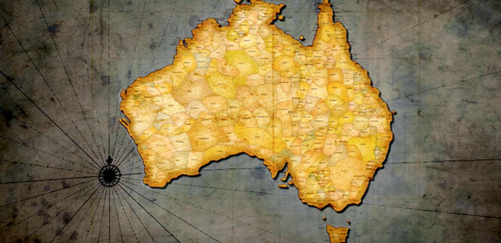 First Australians - Aboriginal nations A map of Australia showing the borders of Aboriginal nations. They completely cover the map. A compass sits to the bottom left.