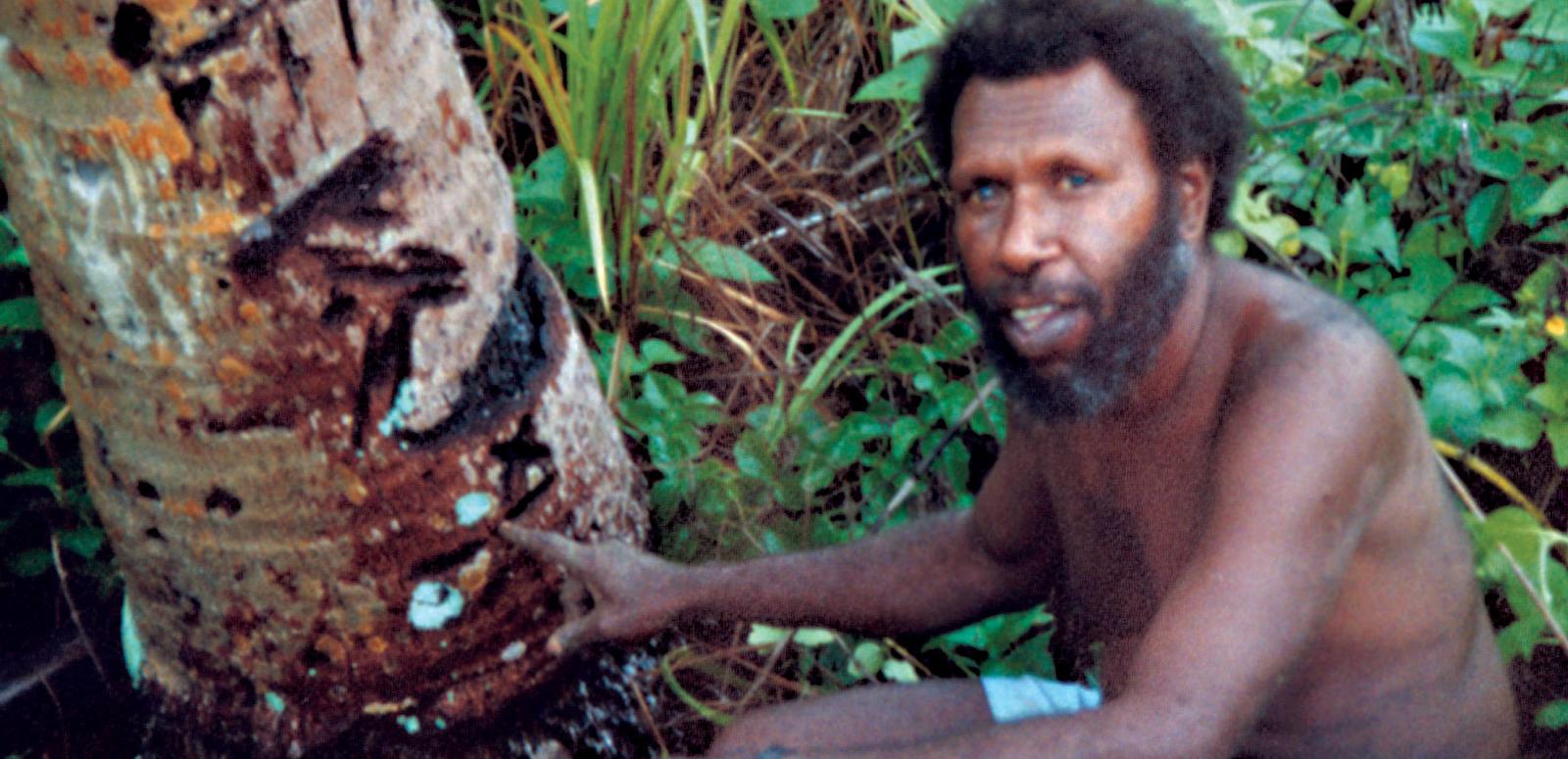 Eddie Koiki Mabo surrounded by a tree and plants in a garden.
