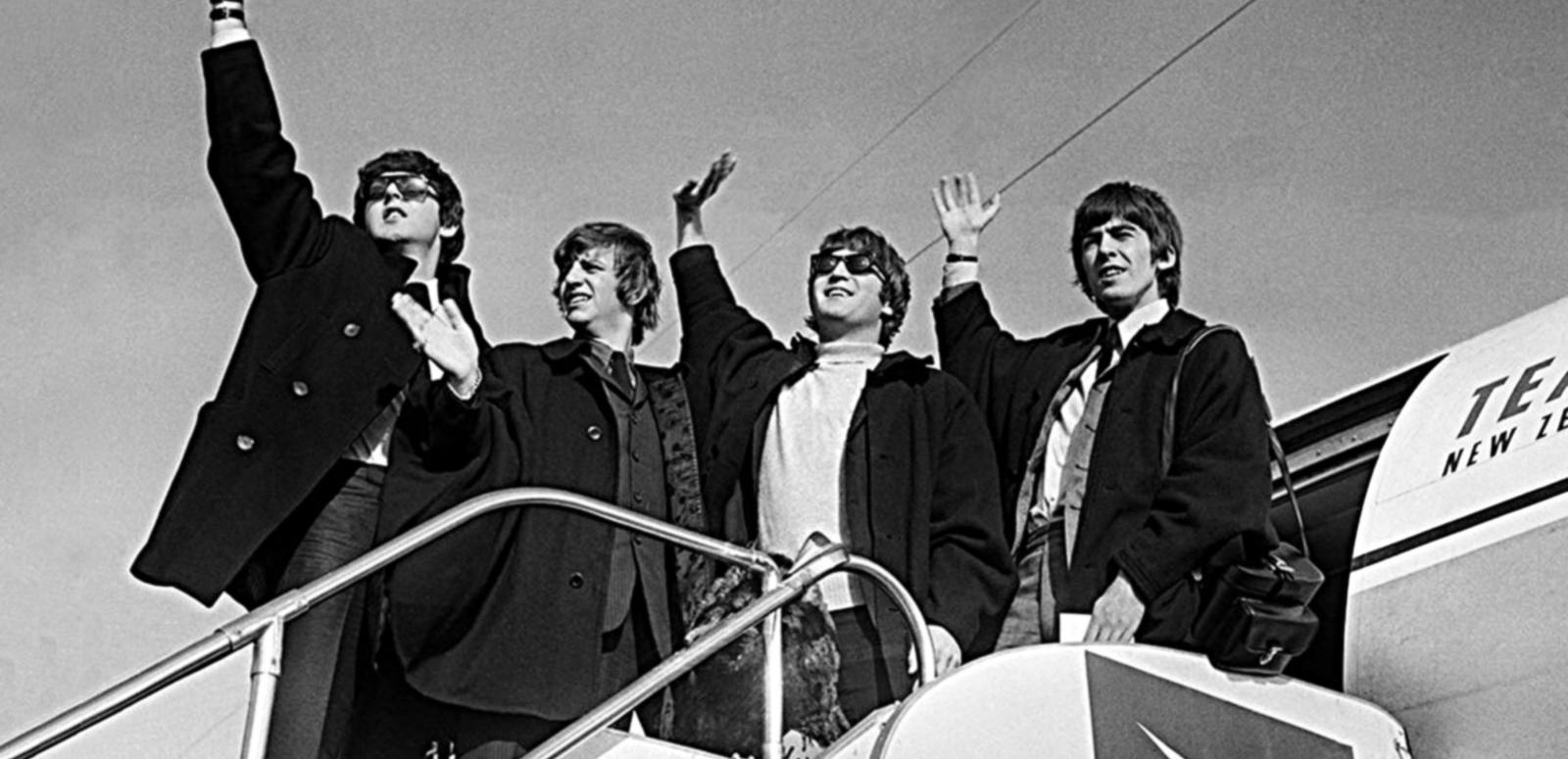 The Beatles leaving Sydney The Beatles (from left to right: Paul McCartney, Ringo Starr, John Lennon, George Harrison) wave to crowds in Sydney as they prepare to board a plane to New Zealand in June 1964.