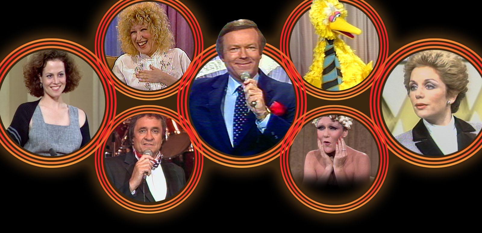 Mike Walsh Show A-feature Different images of people. Each in a circle. Clockwise from left: Sigourney Weaver, Bette Midler, Mike Walsh, Big Bird, Ita Buttrose, Jeanne Little and Johnny Cash.