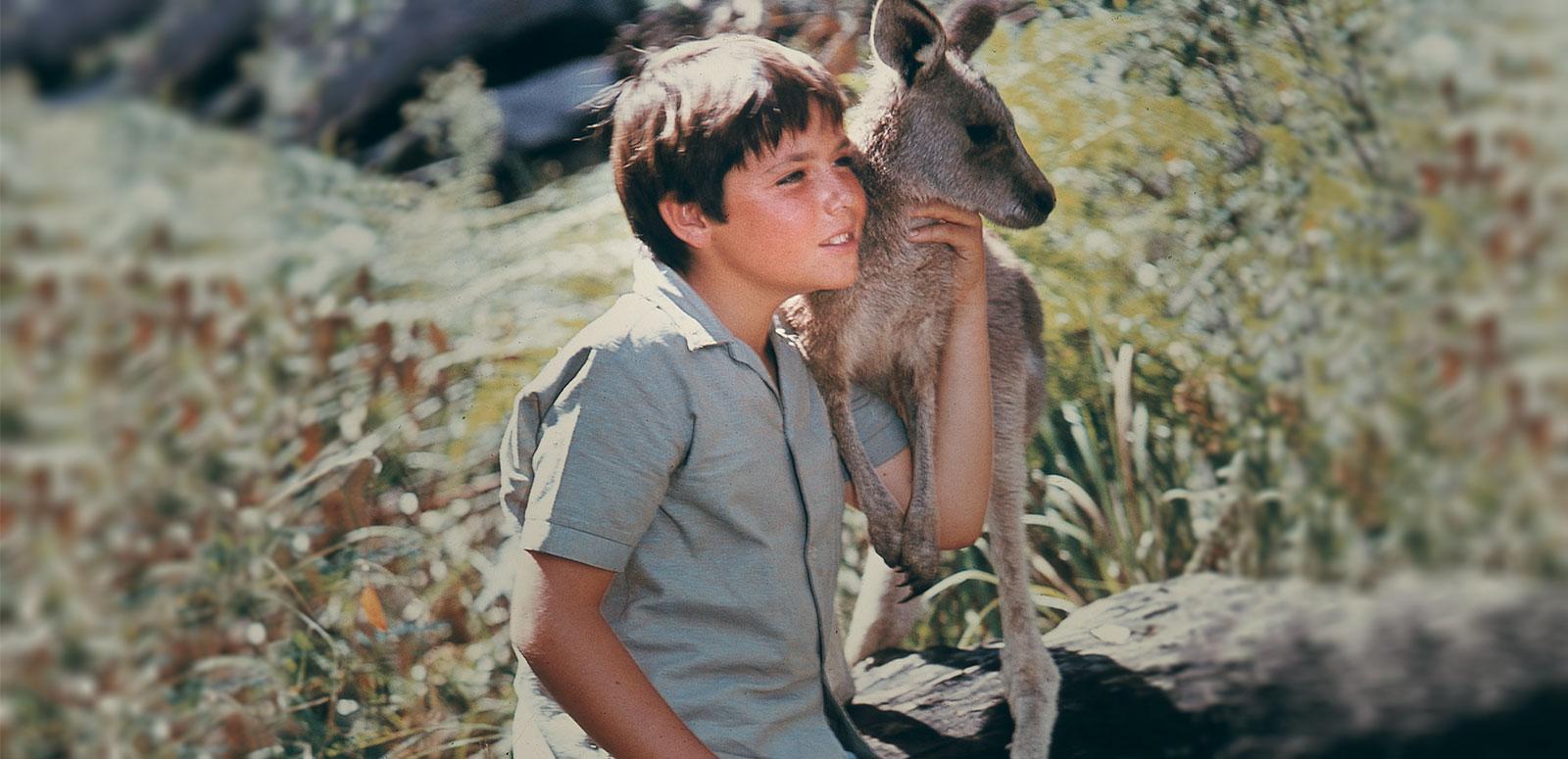 Sonny sits on a rock with Skippy the kangaroo's paws resting on his arm Sonny sits on a rock with Skippy the kangaroo's paws resting on his arm