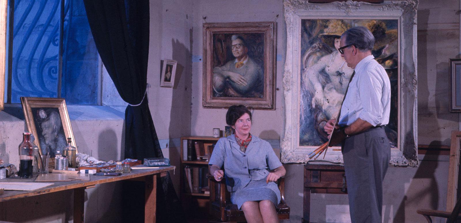 Art in Australia Photograph of Australian artists Margaret Olley and William Dobell. Dobell is painting Olley's portrait in his studio.