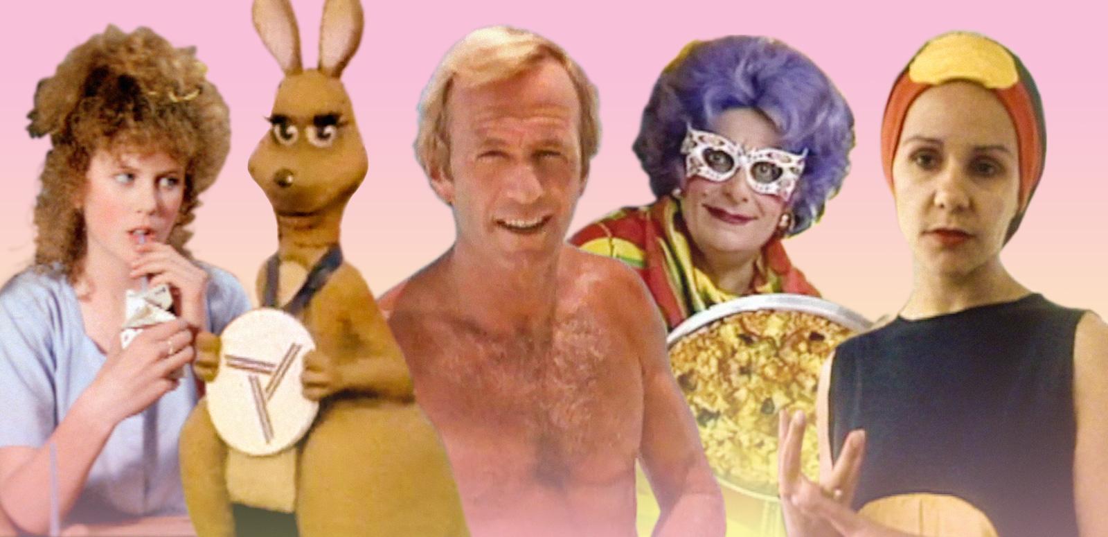 A yellow and pink tinted collage image of Nicole Kidman, Matilda the Commonwealth Games mascot kangaroo, Paul Hogan, Dame Edna Everage and Linda Burney.
