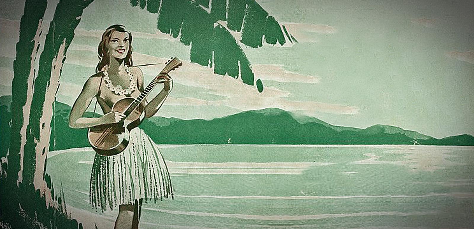 Drawing of a young woman standing next to a beach under a palm tree. She is dressed in a Hawaiian grass skirt with a lei around her neck and she is holding a ukelele.