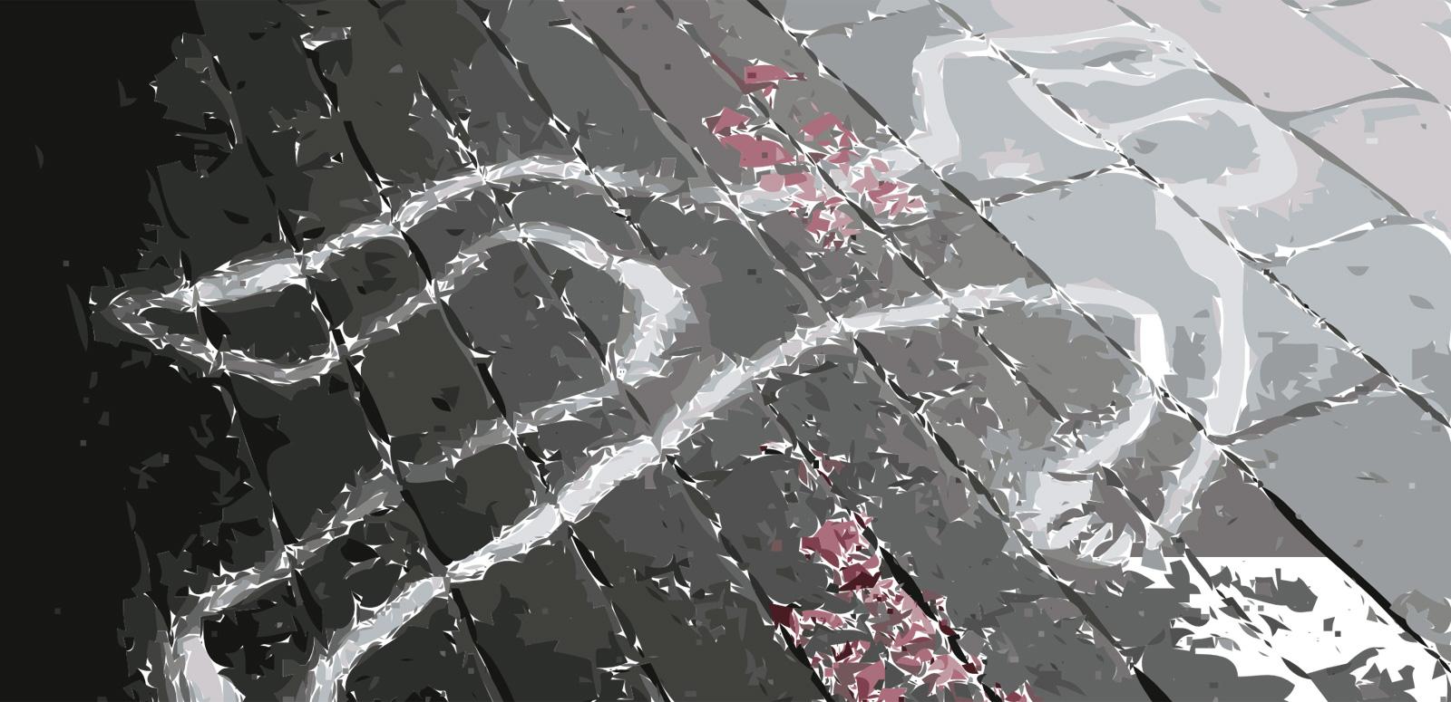 A drawing of a chalk outline of a body on a floor that has been made to look like a crime scene. 