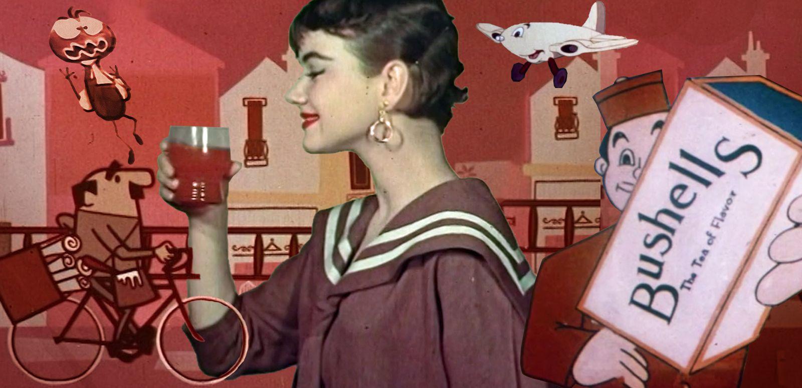 A collage of different advertising images including a man on a bicycle, Louie the Fly, a smiling cartoon aeroplan and a man holding a box of Bushell's tea surround a large image of a woman drinking orange soda.