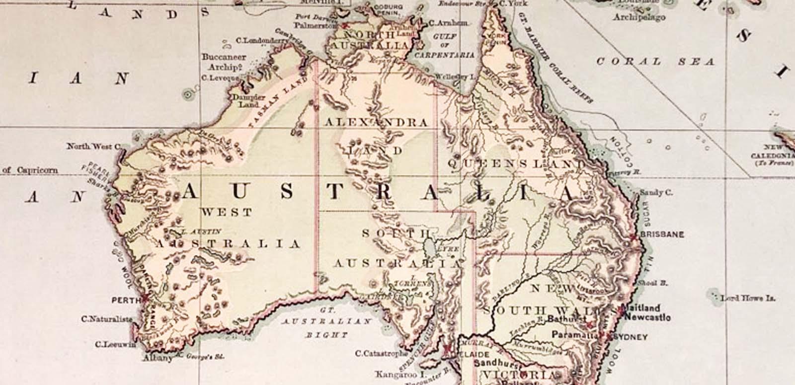 Detail of an antique map of Australia from 1878