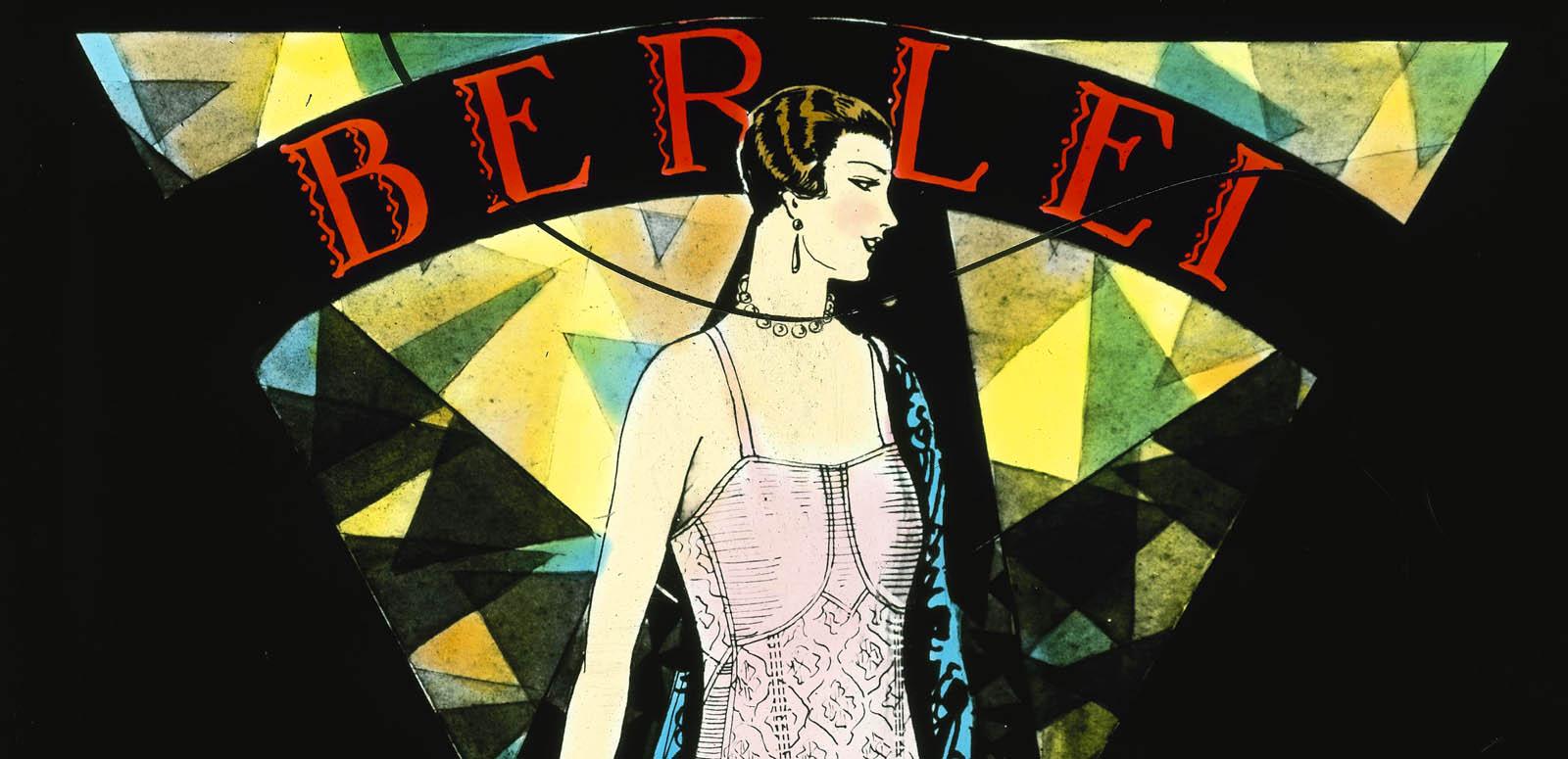 A colour glass slide showing an illustration of a woman wearing a pink Berlei foundation garment with a necklace and earrings. The shapes, font (it says 'berlei') and triangular design elements are influenced by art deco.