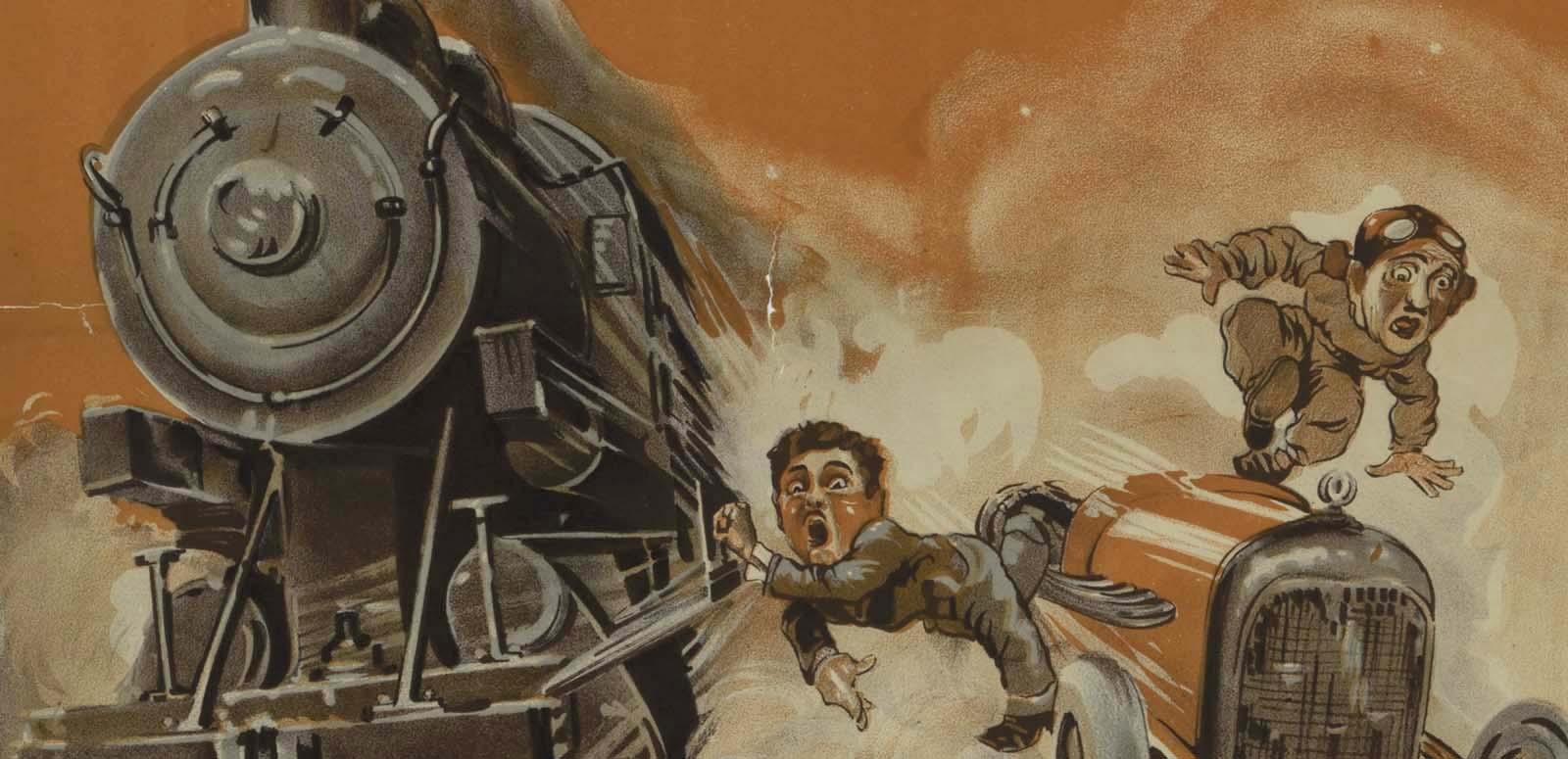 Detail from a 1929 film poster showing a man jumping between a train and a speeding car, while a man rides on top of the car Detail from a 1929 film poster showing a man jumping between a train and a speeding car, while a man rides on top of the car