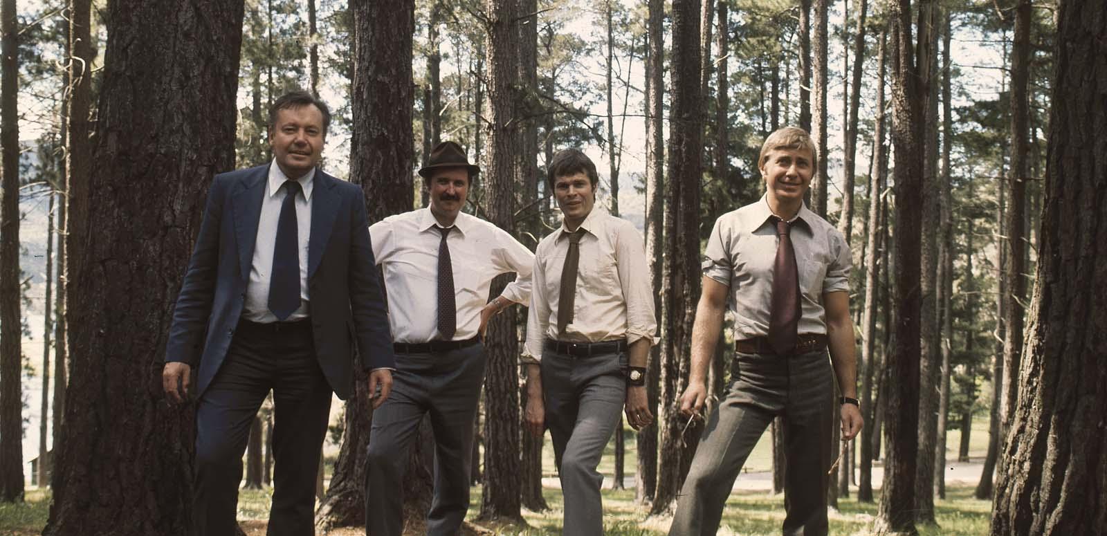 The detectives of the final 1974 season of the detective show Homicide pose in a forest: Charles Tingwell, Don Barker, Gary Day and Dennis Grosvenor The detectives of the final 1974 season of the detective show Homicide pose in a forest: Charles Tingwell, Don Barker, Gary Day and Dennis Grosvenor