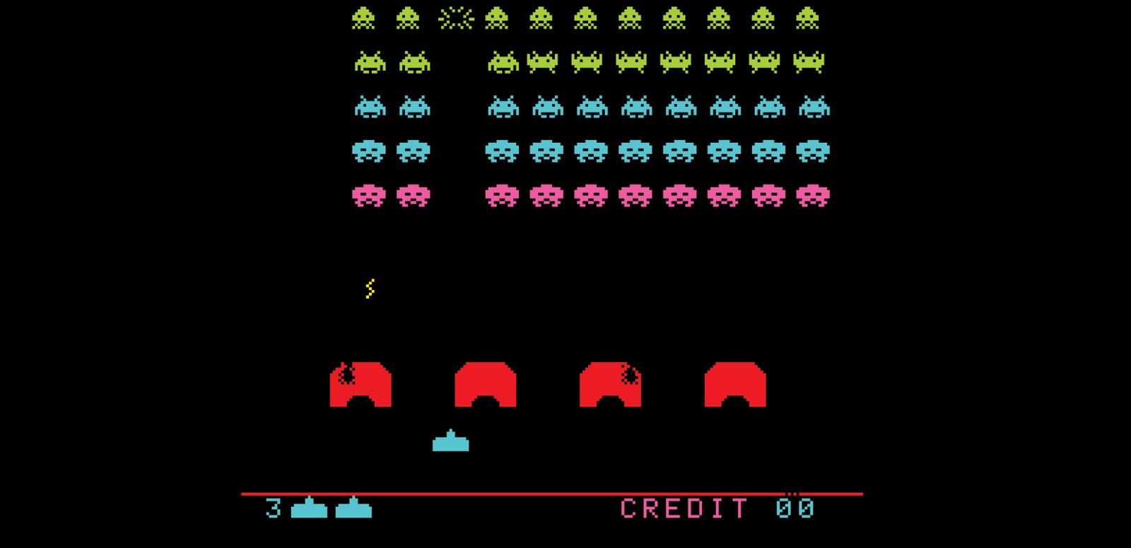 Computer graphics of Space Invaders computer screen.