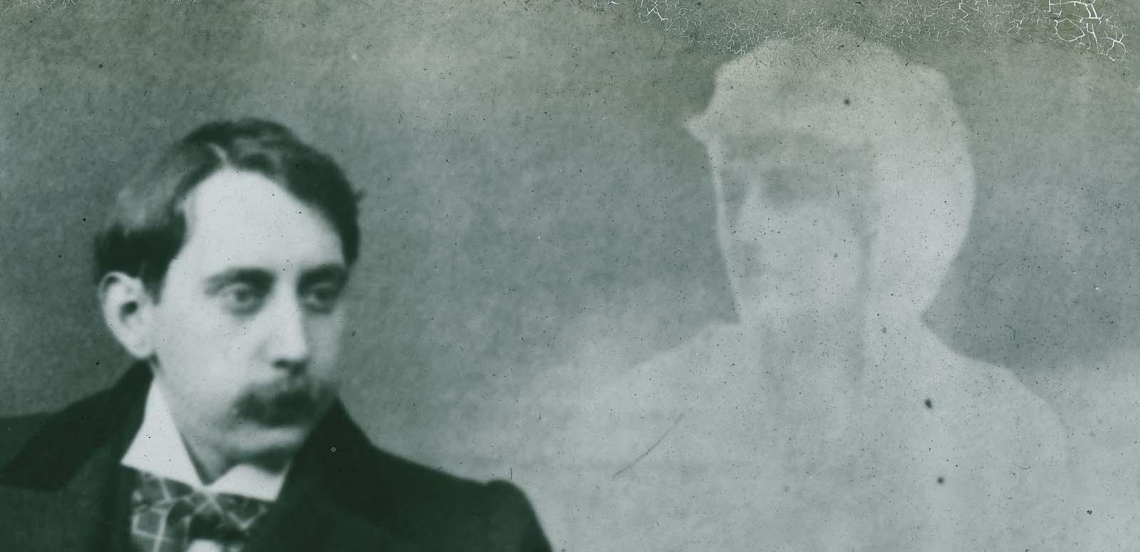 Details from a glass slide from 1870 purporting to show a young man with the spirit of a dead woman hovering at his shoulder Details from a glass slide from 1870 purporting to show a young man with the spirit of a dead woman hovering at his shoulder