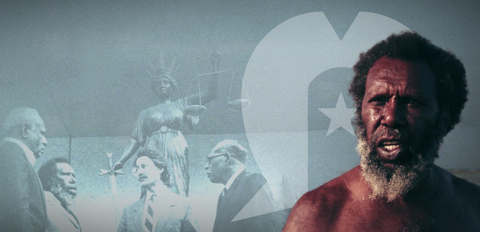 A stylised image featuring Eddie Mabo superimposed over an image of Eddie Mabo and his lawyers outside a court
