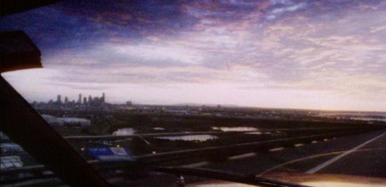A city skyline at sunset