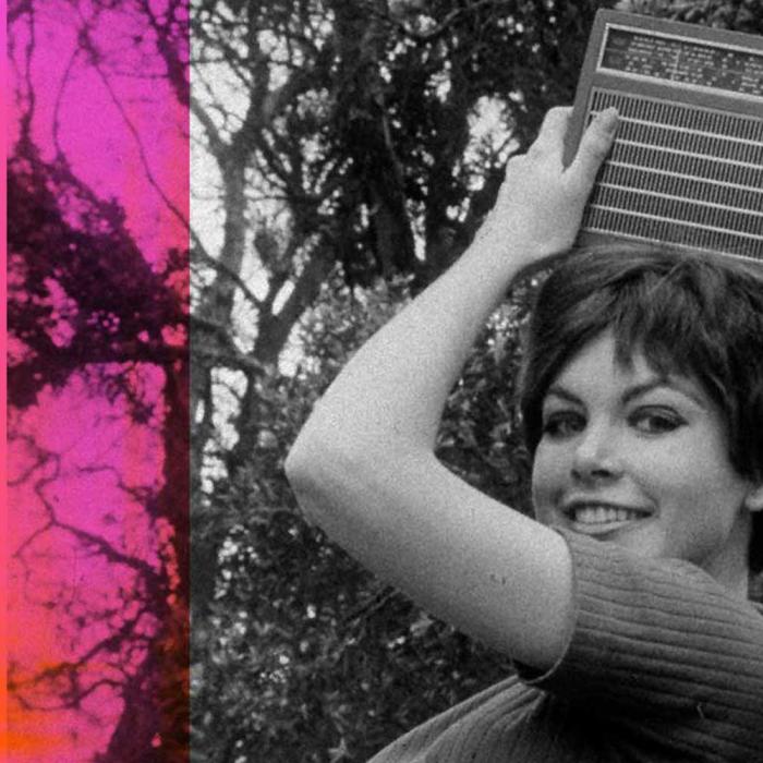 Close up of a young woman holding a portable radio on top of her head as she smiles at the camera.