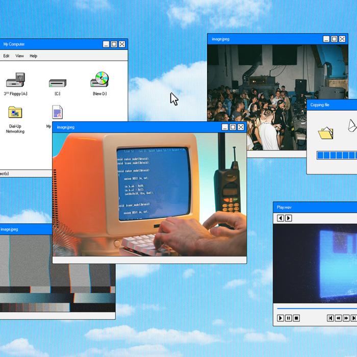 A 2000s era computer desktop featuring overlapping inset windows over a blue sky background. The inset images include a floppy disk, a progress line on a copying file, and fingers typing on a keyboard attached to a 1980s-style computer monitor