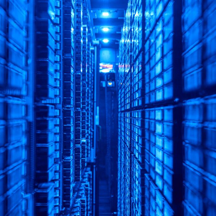 A server room in blue lighting