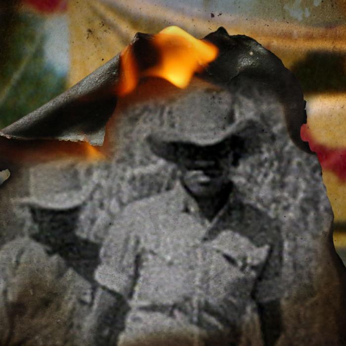 Detail from the poster for the film WINHANGANHA showing an archival photo of two First Nations men wearing collared shirts and bush hats. The edges of the black-and-white photo is curled up as if on fire, and the collage also features fire and the red, yellow and black colours of the Aboriginal flag