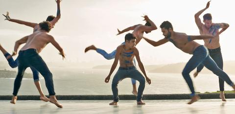 Still from the film Spear showing a group of six young Aboriginal men performing a traditional dance.