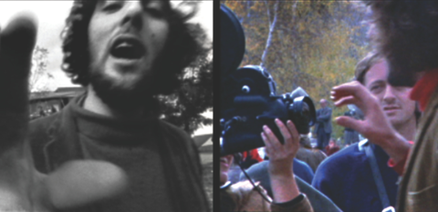 A split screen showing director Phillip Noyce and camera crew filming at Canberra's Aquarius Arts Festival in 1971.