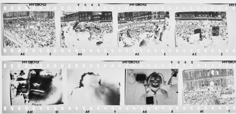Two film strip negatives showing protesters at 1970s anti-Vietnam War demonstrations.