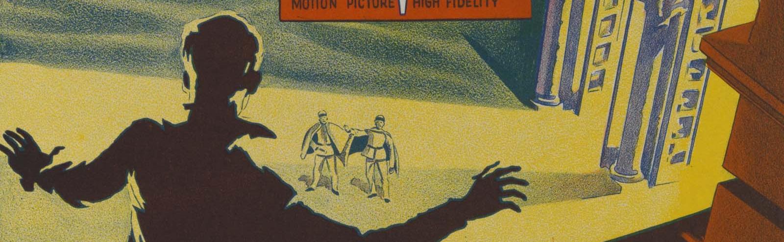 Detail of a classic Hitchcock movie poster showing a man in silhouette looking down on two figures from a great height