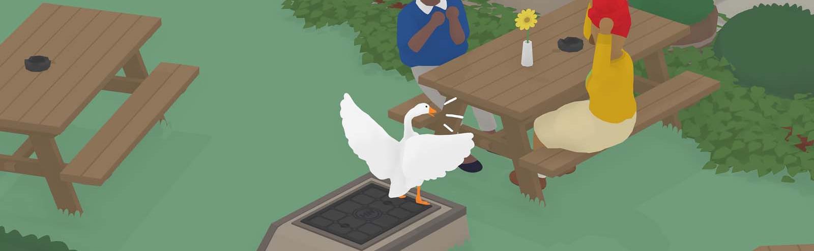 An animated goose squawks at two women seated at an outside table in a scene from the video game Untitled Goose Game