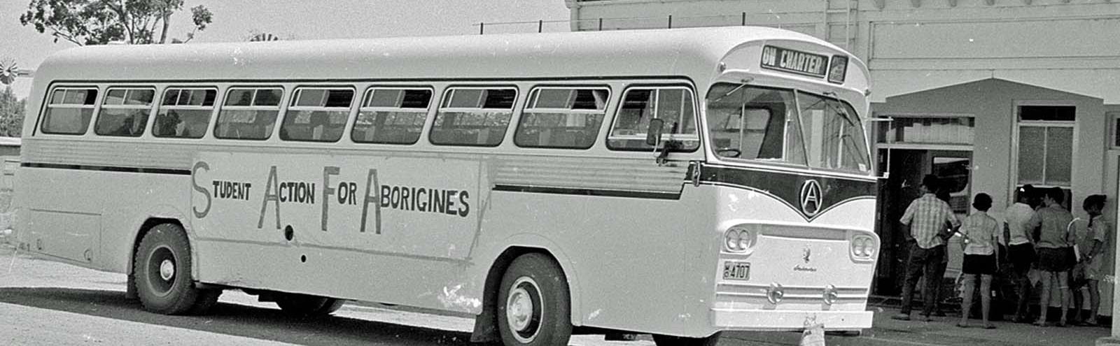 A 1965 Freedom Ride bus with 'Student Action for Aborigines' on the side